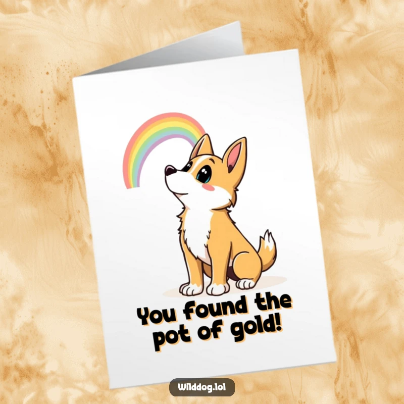 Funny Free Printable Congrats Card: Wild dog gazing upwards with a wagging tail at a bright rainbow.