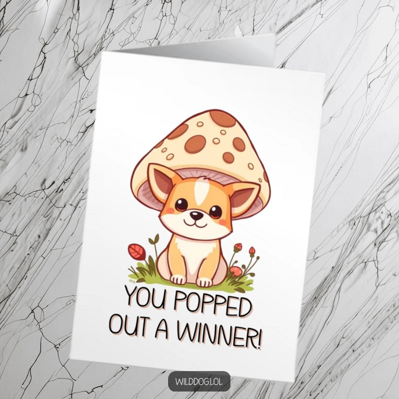 Funny Free Printable Congrats Card: Kawaii dog peeking from behind a spotted mushroom, celebrating your amazing achievement.