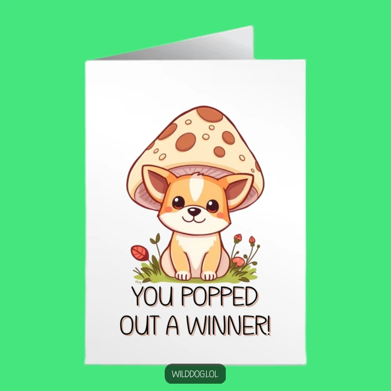 Free Printable Kawaii Dog Congrats Card: Mushroom Hide & Seek Downloadable