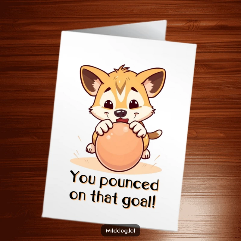 Funny Free Printable Congratulations Card: A wild dog puppy playfully pounces on a rolling ball, celebrating achievements with energetic joy.