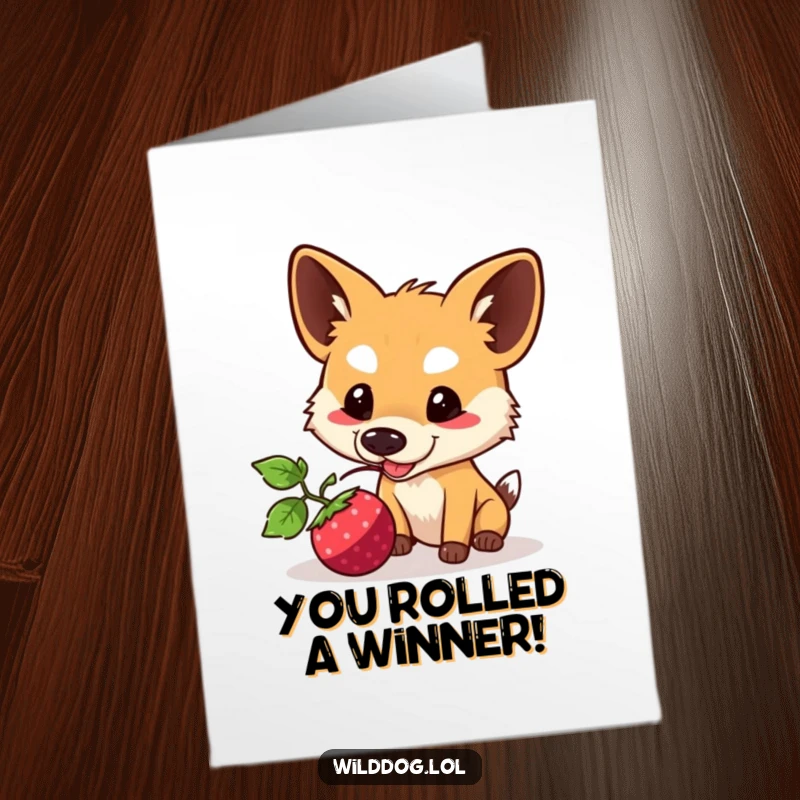 Funny Free Printable Congrats Card: Kawaii dog playfully nudging a berry, celebrating your big win.