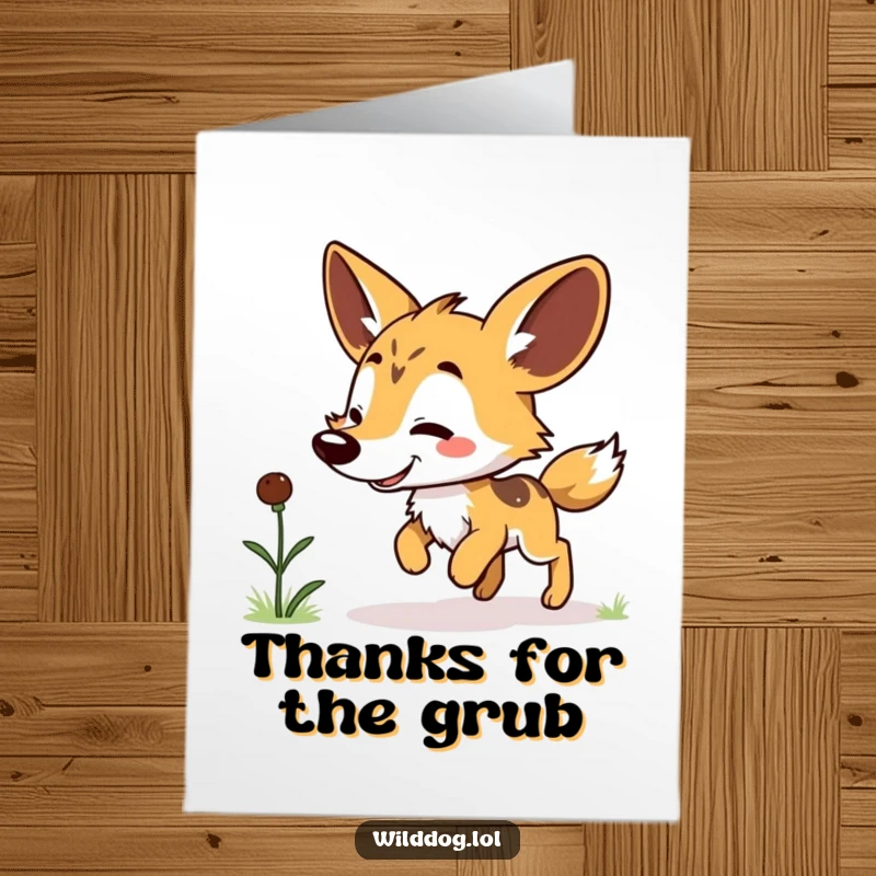 Funny Free Printable Thank You Card: Kawaii dog doing a happy hop after spotting a tasty grub, thankful surprise.