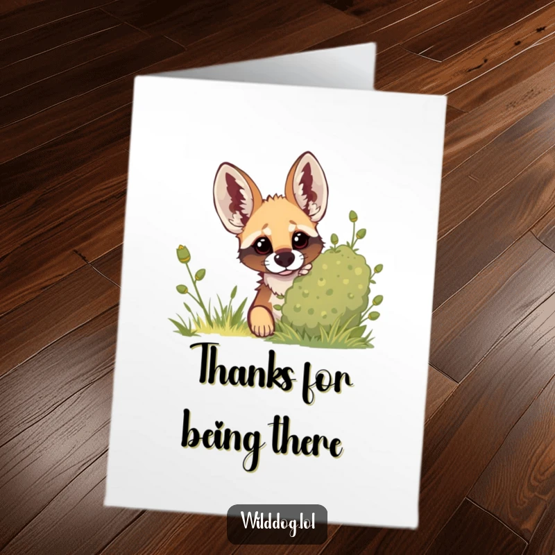 Funny free printable thank you card with a wild dog peeking from a bush, ears up, sending thankful vibes.