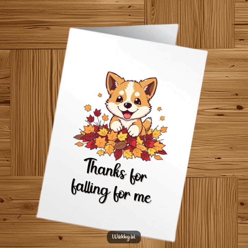 Funny Free Printable Thank You Card: A wild dog playfully pouncing into a pile of autumn leaves, expressing thanks.