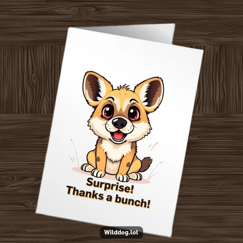 Funny Free Printable Thank You Card: Wild dog with wide, surprised eyes, showing playful shock and gratitude.