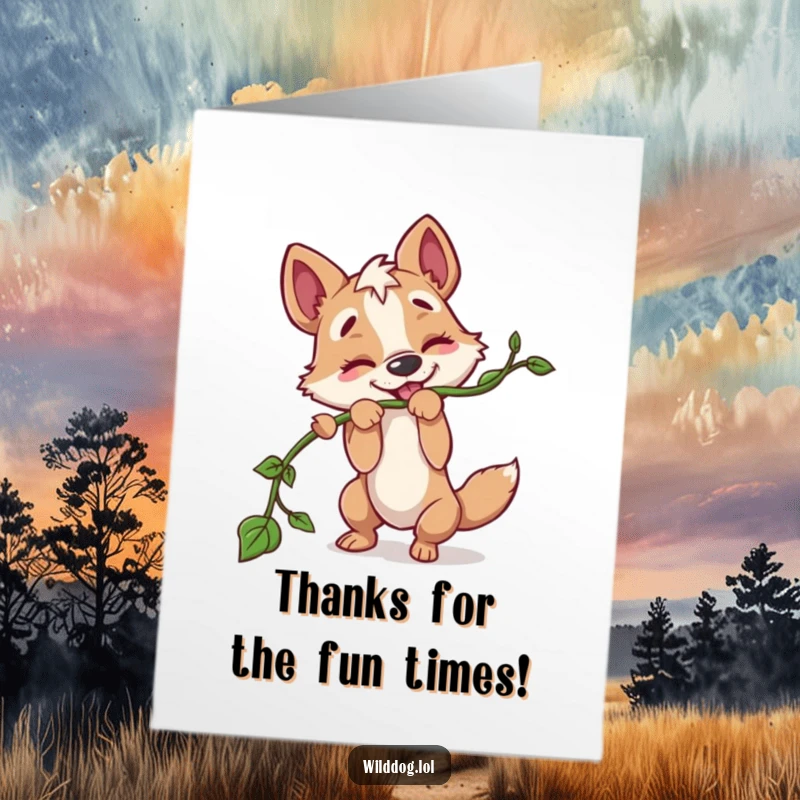 Funny Free Printable Thank You Card: A playful wild dog is enthusiastically tugging on a long vine, sending thanks.