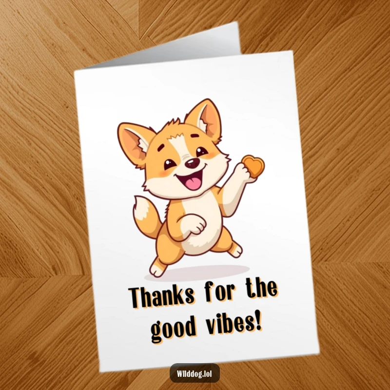 Funny Free Printable Thank You Card: Overjoyed wild dog jumping excitedly, expressing immense gratitude with a happy wag.