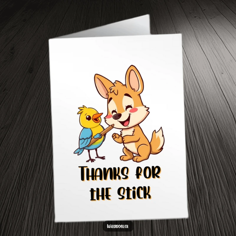 Funny Free Printable Thank You Card: Happy wild dog offering a stick to a friendly bird.