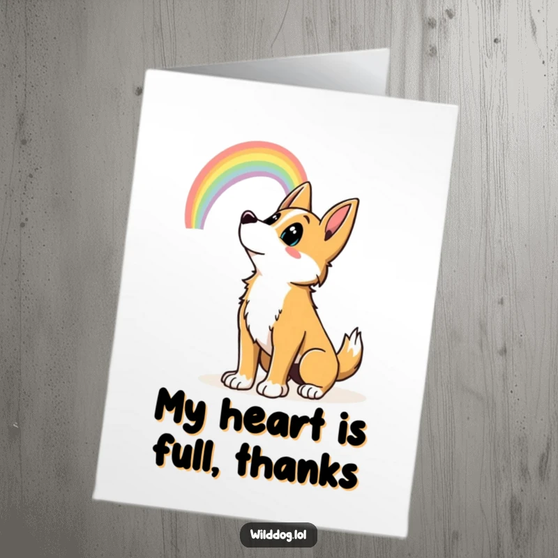 Funny Free Printable Thank You Card: Wild dog with happy wagging tail looking at a colorful rainbow.