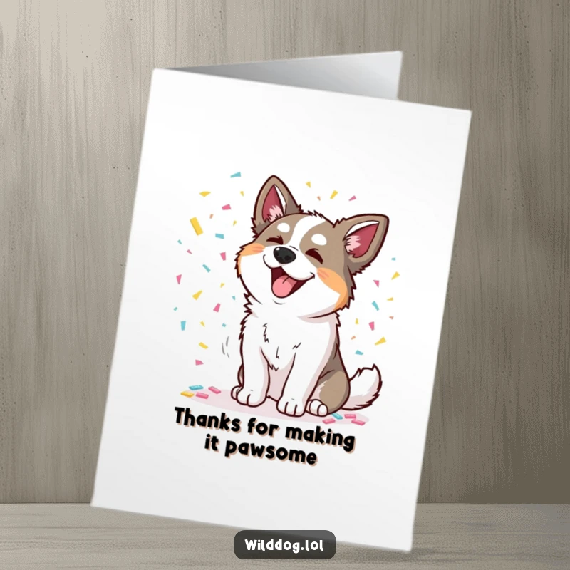 Funny free printable thank you card: a dog joyfully scattering colorful confetti, representing an exuberant thank you.