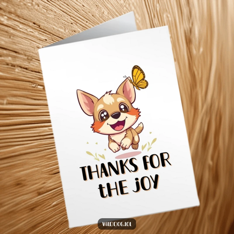 Funny Free Printable Dog Thank You Card: A wild dog with wide, happy eyes pursues a butterfly. Ideal for a downloadable DIY thank you.