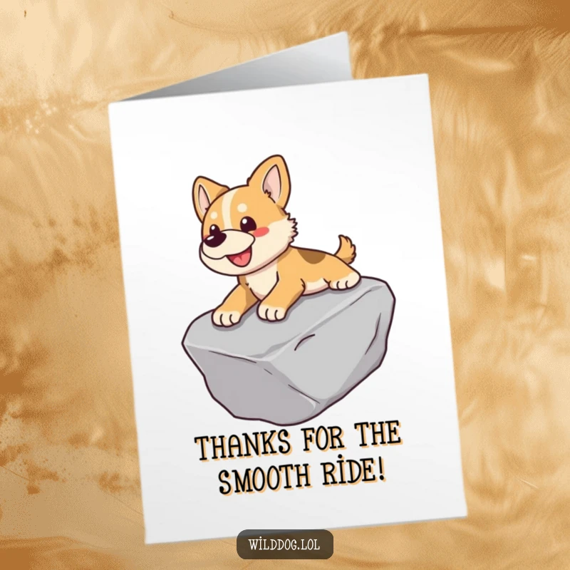 Funny Free Printable Thank You Card of a wild dog playfully sliding down a polished rock, conveying energetic thanks.