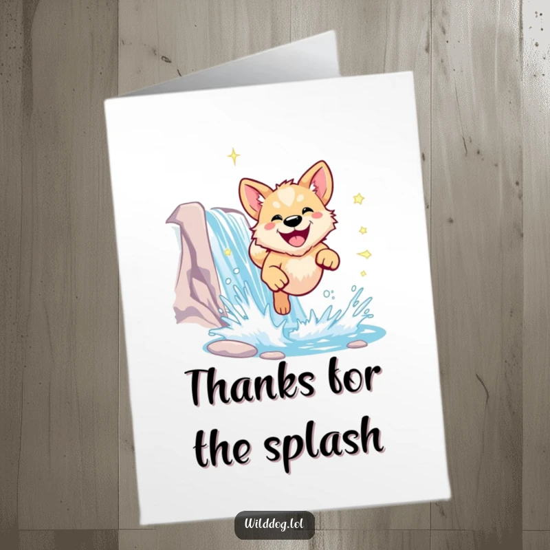 Funny Free Printable Thank You Card: A dog smiles brightly while leaping through a sparkling waterfall, conveying thanks.