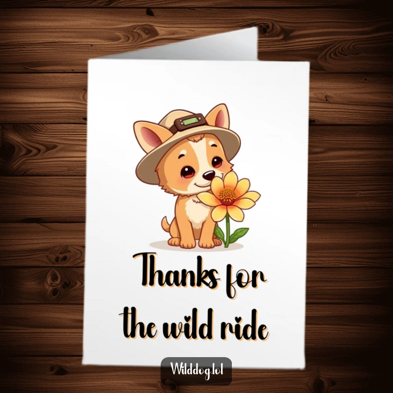 Funny Free Printable Thank You Card: Dog wearing an explorer hat sniffing a giant flower, a sweet downloadable thank you.
