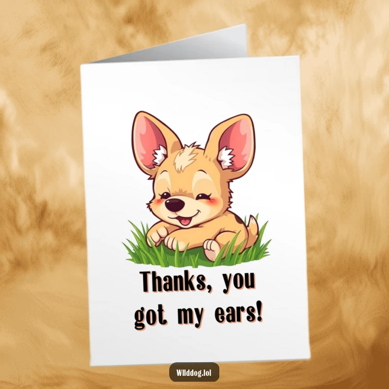 Funny Free Printable Wild Dog Thank You Card: A dog with large ears playfully rolling in the grass, a sweet way to say thanks.