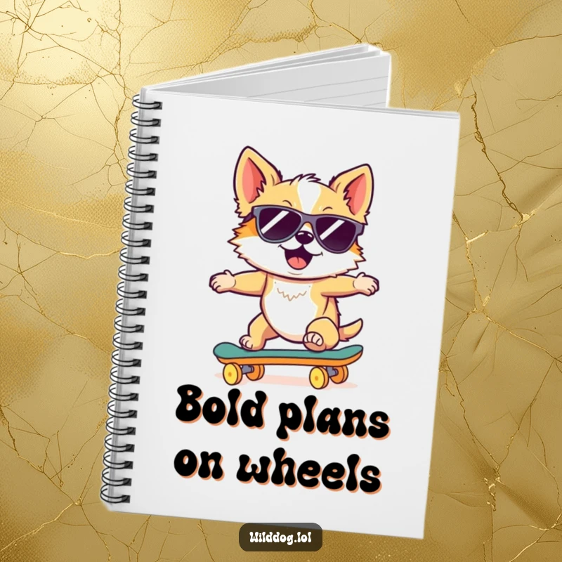 Funny notebook featuring a wild dog wearing sunglasses, riding a skateboard downhill, perfect for jotting down cool thoughts.