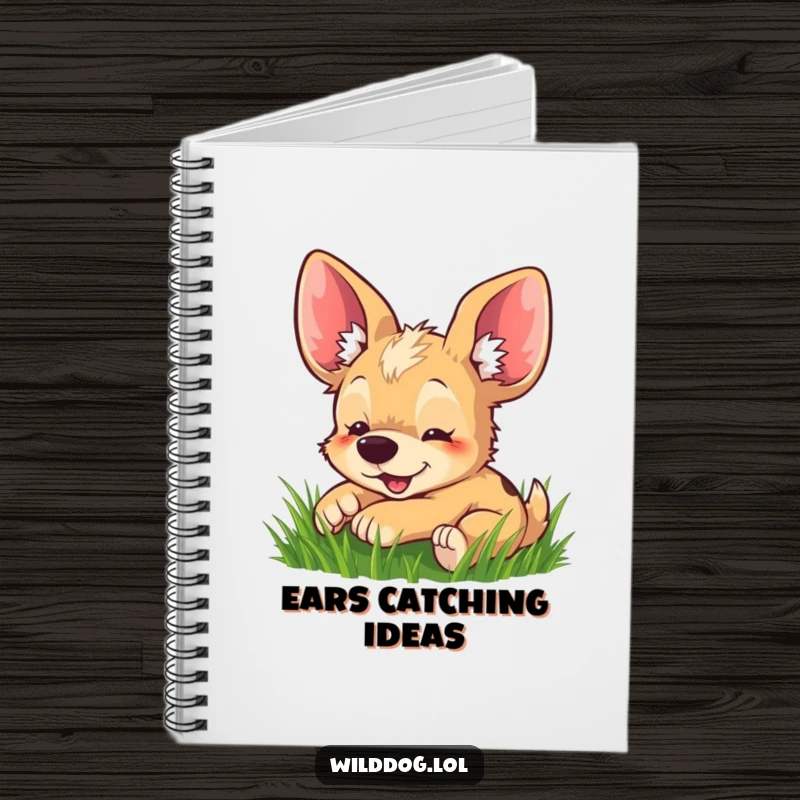 Funny notebook featuring a happy wild dog with oversized ears joyfully rolling in grass, perfect for jotting down fun ideas.