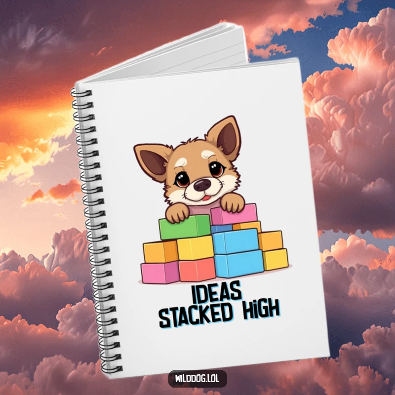 Funny wild dog peeking over a giant stack of colorful building blocks, lined notebook for writing with a humorous touch.