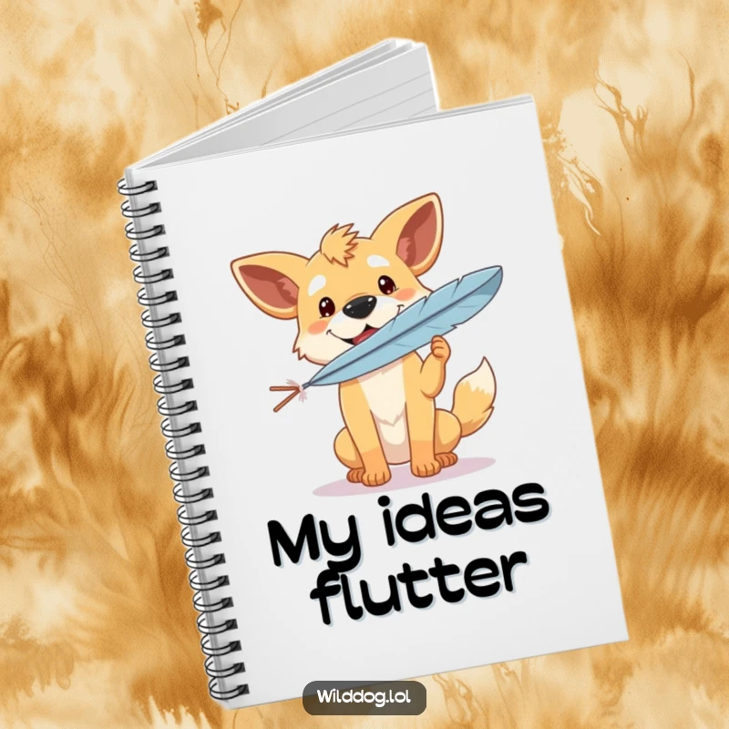 Funny notebook cover art of a wild dog with a happy expression balancing a feather, symbolizing focused and peaceful note-taking.