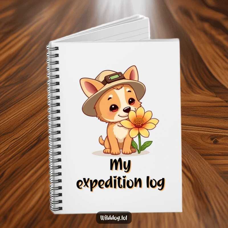 Funny explorer dog notebook cover, a dog in a small hat sniffing a giant flower, perfect for jotting down adventure notes.
