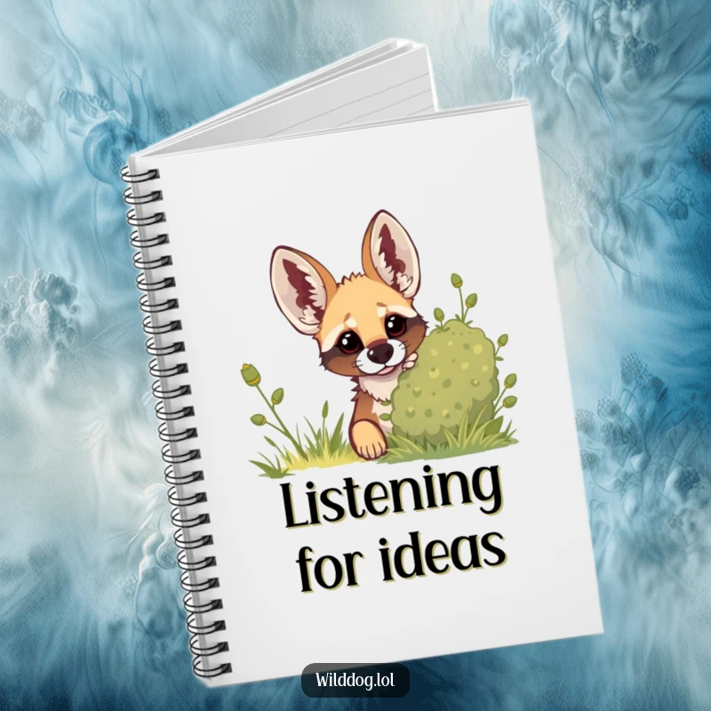 Funny notebook cover featuring a wild dog peeking from behind a bush, ears perked, ready to capture intriguing ideas.