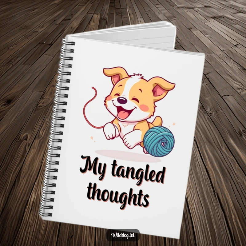 Funny wild dog puppy joyfully chasing a bouncing ball of yarn on a lined notebook, perfect for notes.