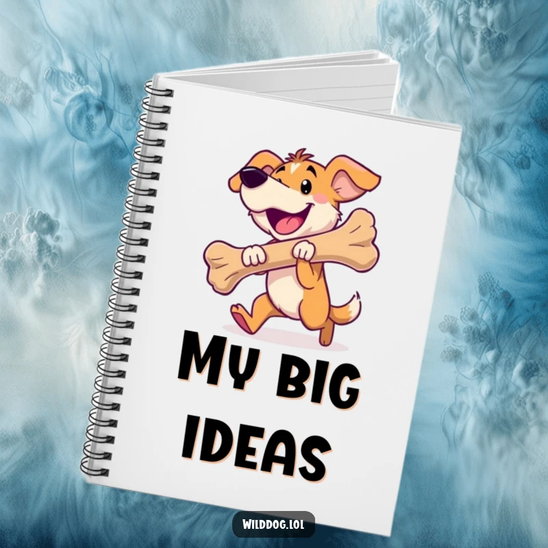 Funny wild dog notebook cover with a happy dog carrying a large bone, great for journaling.