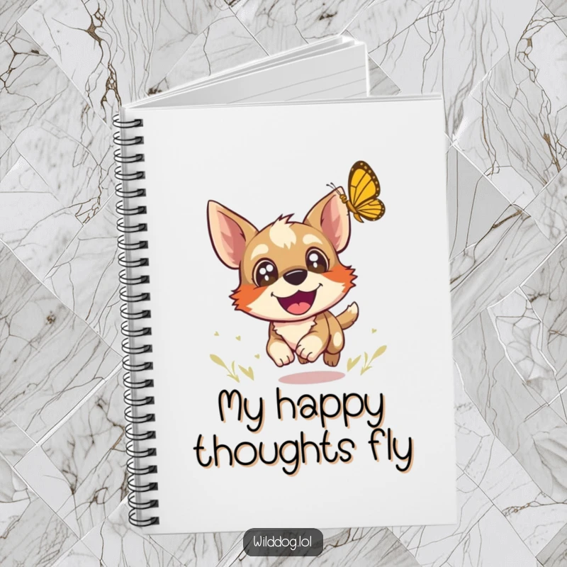 Funny notebook featuring a wild dog with wide, joyful eyes chasing a butterfly, perfect for jotting down happy thoughts.