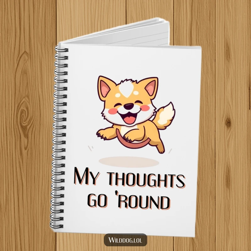 Funny notebook cover art of a wild dog comically chasing its tail, a whirlwind of playful energy perfect for jotting down notes.