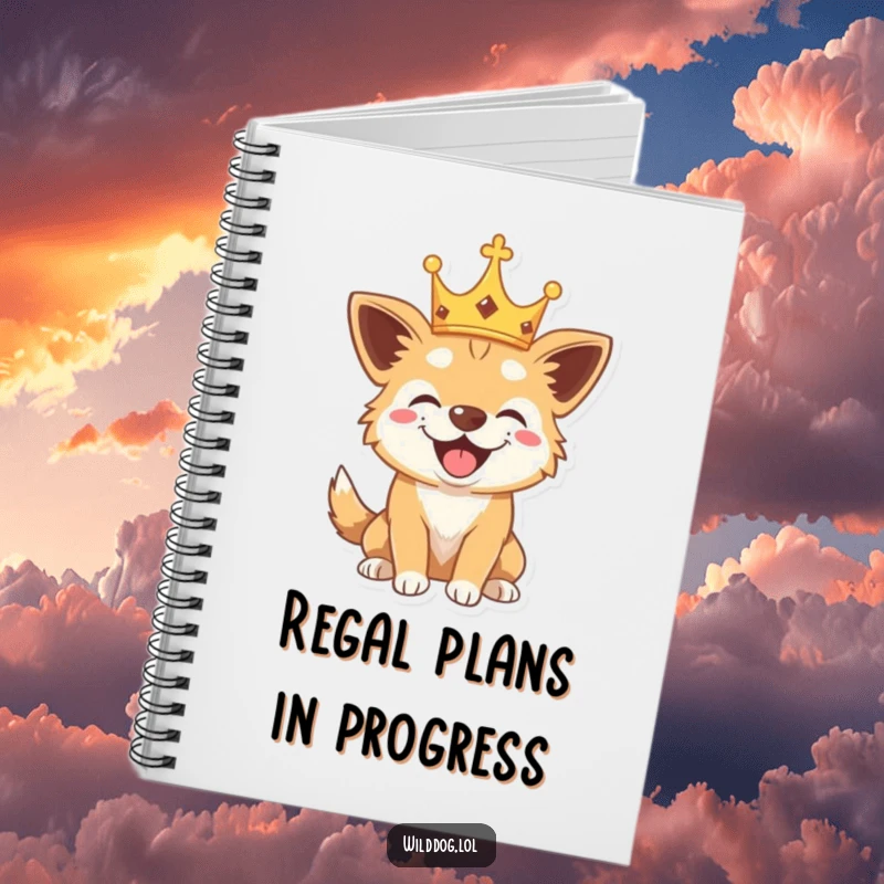 Funny notebook featuring a wild dog wearing a tiny crown, barking playfully, perfect for jotting down ideas and royal plans.