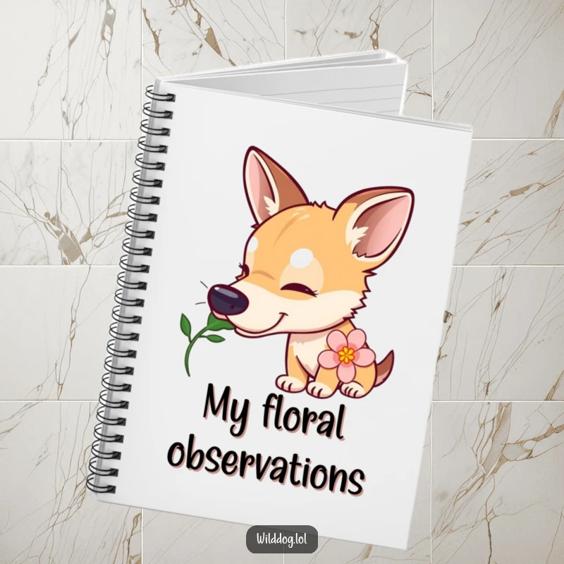 Funny wild dog notebook depicting a curious dog with a tilted head sniffing a flower, ideal for jotting down notes with a gentle spirit.