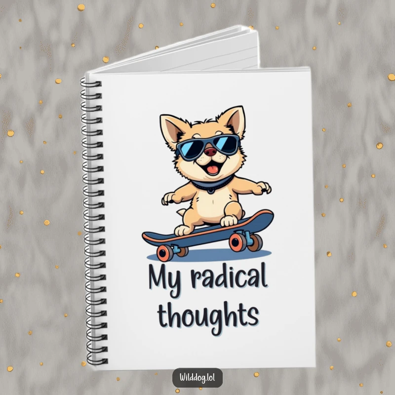 Funny wild dog notebook with a cool dog wearing sunglasses riding a skateboard on the cover, inspiring note-taking.