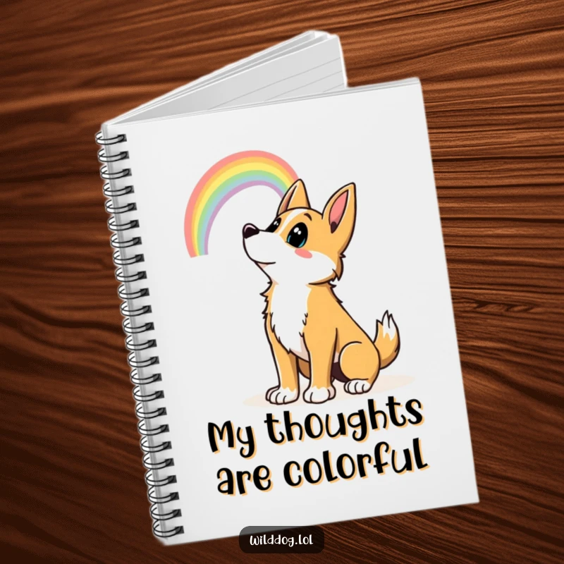Funny wild dog looking at a rainbow, inspiring note-takers with this cheerful funny gift notebook.