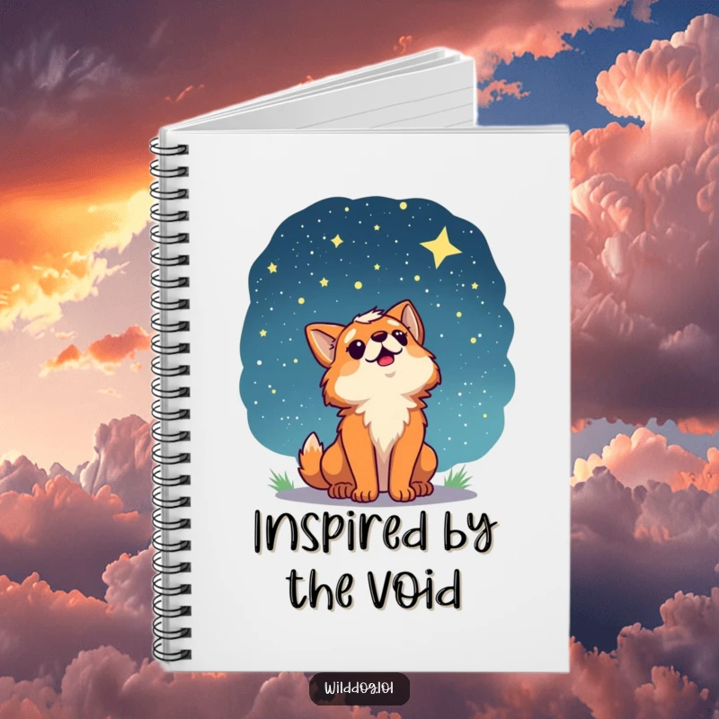 Funny notebook featuring a wild dog character looking up at a starry night sky, ready to capture all your wondrous thoughts and cosmic ideas.