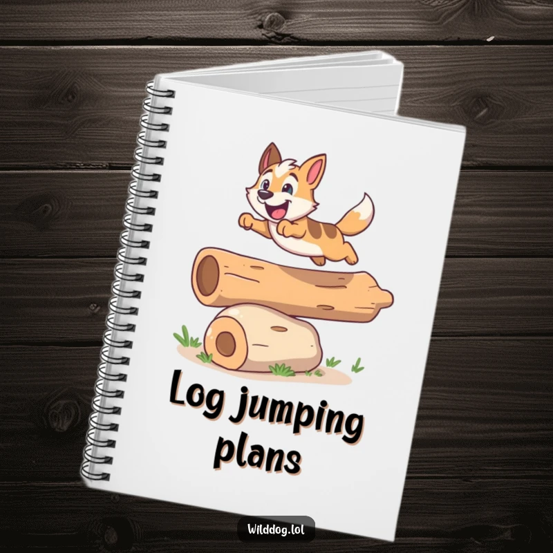 Funny notebook featuring an energetic wild dog leaping over a log, perfect for jotting down exciting ideas.