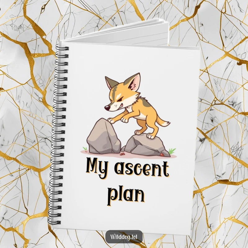 Funny Wild Dog Climbing Notebook featuring a dog determinedly trying to climb a small rock.
