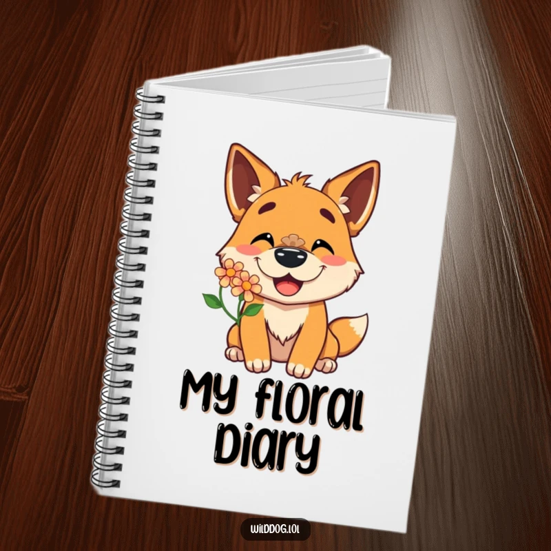Funny notebook with a wild dog character sporting a delighted grin while balancing a flower on its nose, perfect for jotting down happy thoughts.