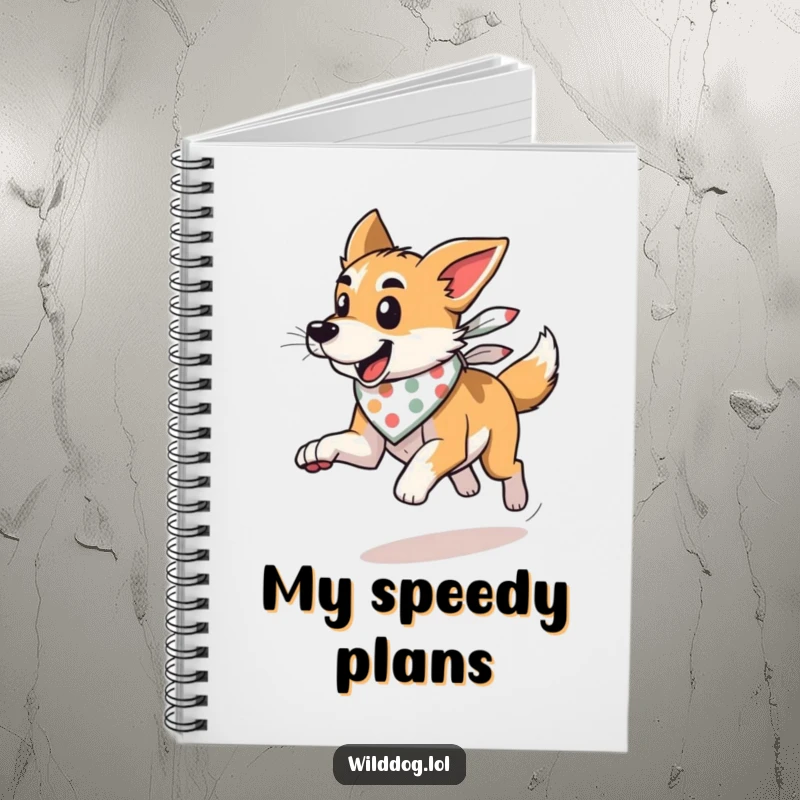 Funny wild dog wearing a bandana, running with wind, on a notebook cover for jotting down speedy ideas.