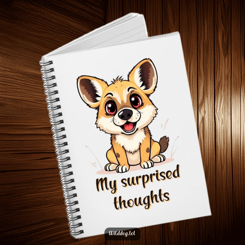 Funny notebook cover showing a wild dog with comically wide eyes and a slightly open mouth, symbolizing sudden, playful inspiration and surprise.