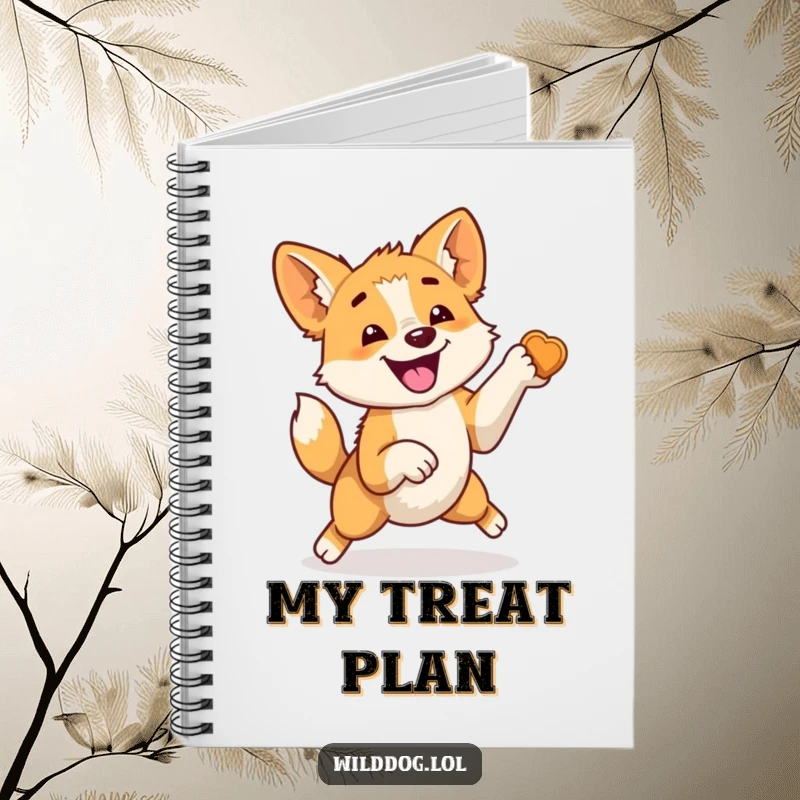 Funny notebook cover showing a wild dog mid-leap, tail a blur of motion, eyes locked on a treat, embodying pure enthusiasm for ideas.