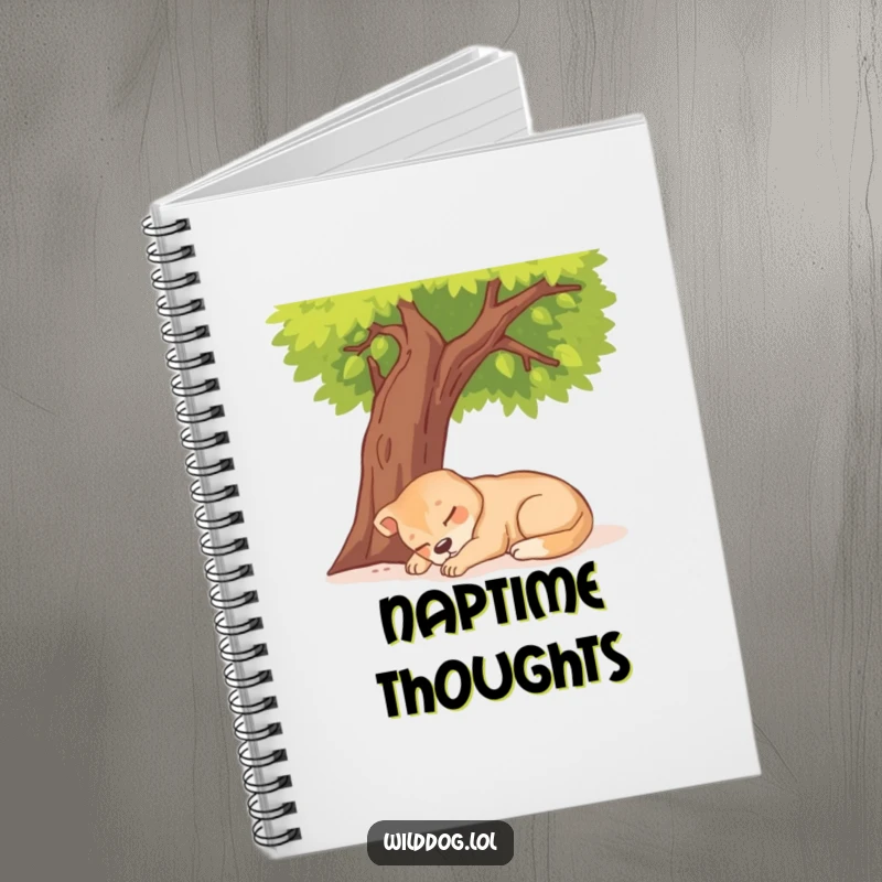Funny Wild Dog Napping Notebook featuring a dog sleeping peacefully under a sunny tree.