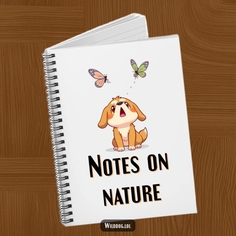 Funny wild dog character looking surprised at a floating butterfly, featured on the cover of a humorous notebook.