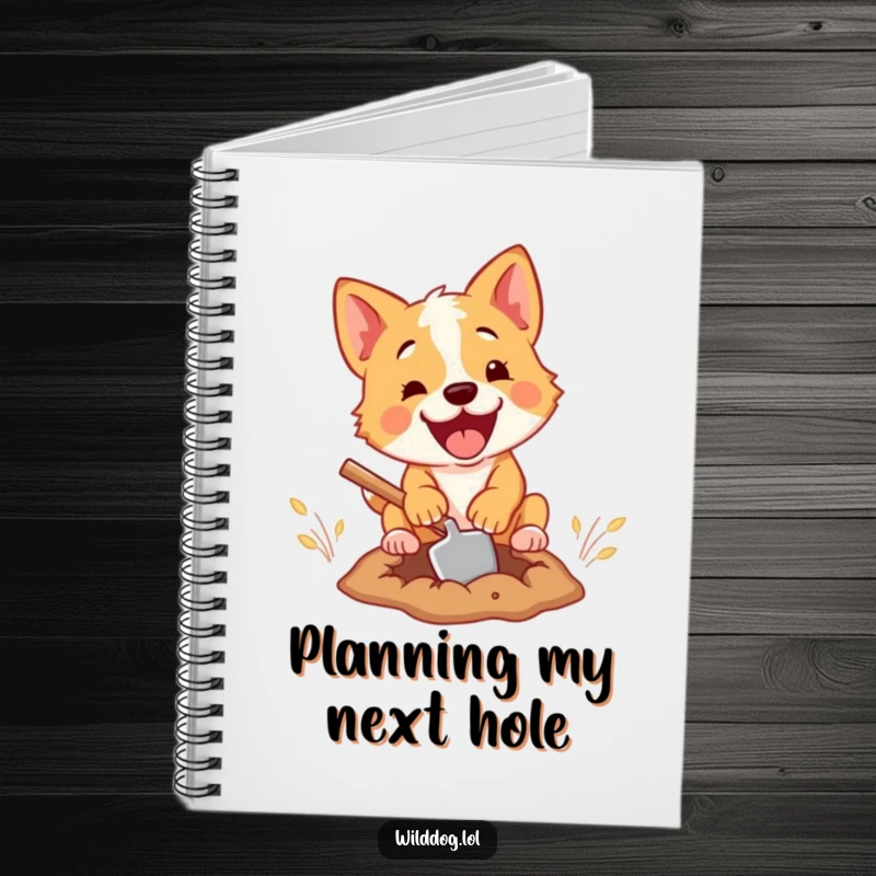 Funny notebook cover featuring a wild dog hilariously digging with a tiny shovel, symbolizing focused and determined note-taking.