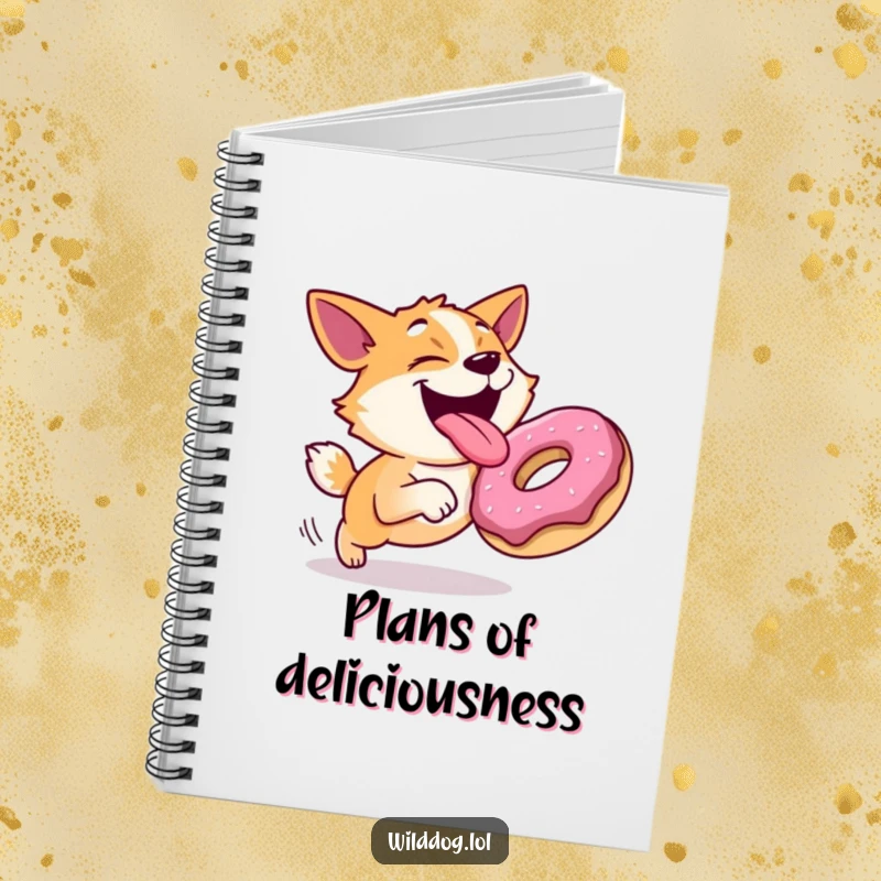 Funny notebook with a joyful dog with its tongue out, hilariously chasing a rolling donut, perfect for jotting down humorous thoughts.
