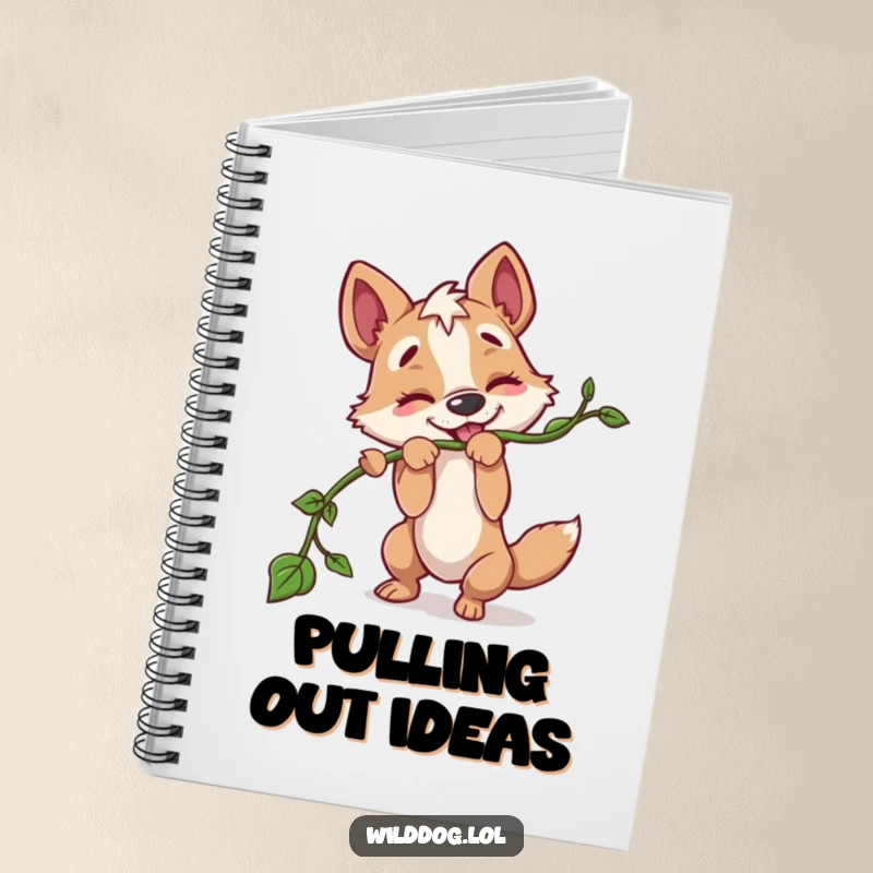 Funny notebook featuring a wild dog character playfully tugging on a long vine, ready to capture all your energetic thoughts and creative ideas.