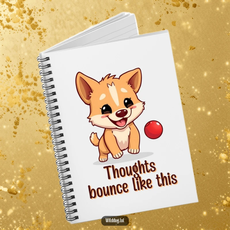 Funny notebook with a wild dog happily bouncing a tiny red ball, perfect for jotting notes with a playful touch.