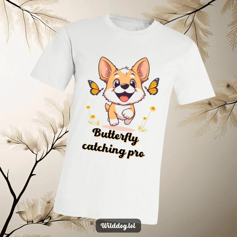 Funny wild dog t-shirt graphic of a dog with wide, joyful eyes, gleefully chasing a butterfly.