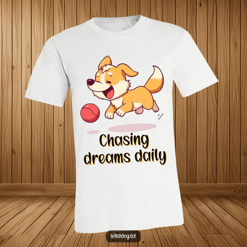 Funny t-shirt depicting a happy wild dog with its tail wagging enthusiastically while chasing a bouncing ball with glee.