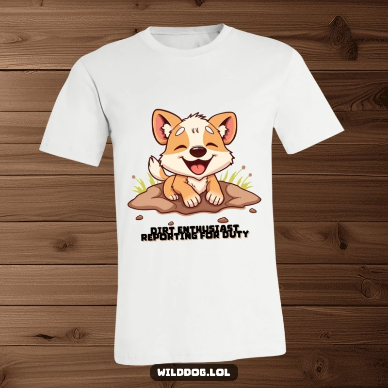 Funny T-Shirt: A wild dog vigorously digs a hole, radiating pure happiness and energetic enthusiasm, a comical scene for dog lovers.