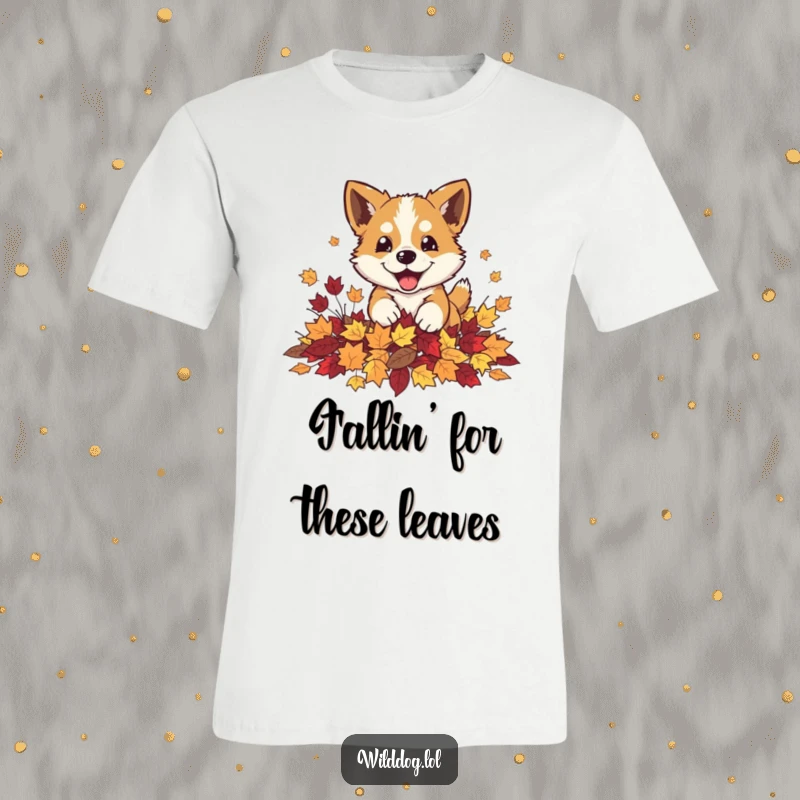 Funny wild dog playfully pouncing into a pile of autumn leaves on a t-shirt, embodying fall excitement.
